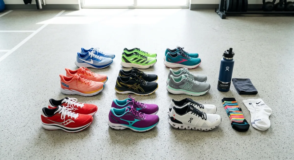 A flat-lay arrangement of multiple pairs of running shoes in different colors and styles on a light grey gym floor, alongside